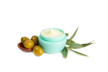 Jar of natural olive cream with olive oil extract isolated on white background. Cosmetic tube. Moisturizing cosmetic cream for skin. Body care. Beauty concept. Hand cream.