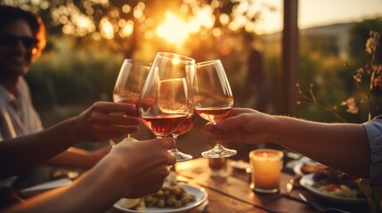 A close-up of happy friends enjoying outdoor fun, seated at a bar table, and raising wine glasses for a toast in a vineyard garden. - obrazy, fototapety, plakaty