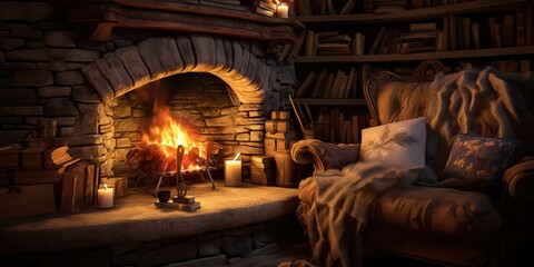 AI Generated. AI Generative. Vintage retro classic fireplace at rural countryside nook with armchair and many bookd around. Graphic Art