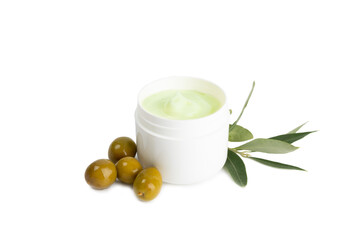 Jar of natural olive cream with olive oil extract isolated on white background. Cosmetic tube. Moisturizing cosmetic cream for skin. Body care. Beauty concept. Hand cream.