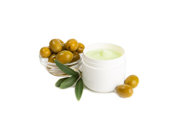 Jar of natural olive cream with olive oil extract isolated on white background. Cosmetic tube. Moisturizing cosmetic cream for skin. Body care. Beauty concept. Hand cream.