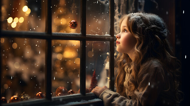 A little girl waiting for Santa Claus, She looked out the window, the pine trees, the Christmas balls, at the night.