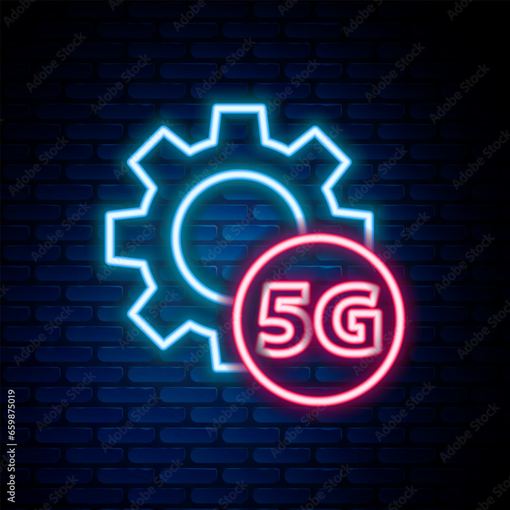 Poster glowing neon line setting 5g new wireless internet wifi connection icon isolated on brick wall backg