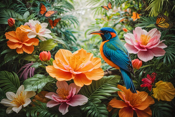 Tropical garden with butterflies and flowers. 3D illustration.