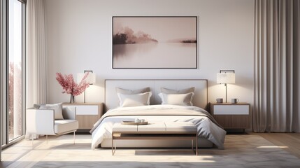 Fototapeta na wymiar luminous bedroom adorned with white furnishings and captivating art