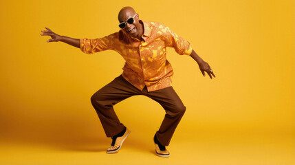 Fototapeta na wymiar African american male dancing on yellow background.