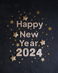 Fototapeta na wymiar Golden numbers 2024 on a black background. Happy New Year 2024. New Year greeting card