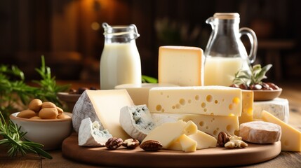 rustic spread of varied dairy products on a wooden surface