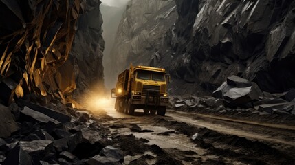 A yellow dump truck is seen driving through a dimly lit canyon.