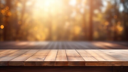 An empty wooden table with a softly blurred background.