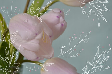 Photo mixed with graphics: pink tulips on a mint background with design of a leafs. 