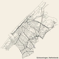Detailed hand-drawn navigational urban street roads map of the Dutch city of SCHEVENINGEN, NETHERLANDS with solid road lines and name tag on vintage background