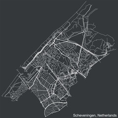 Detailed hand-drawn navigational urban street roads map of the Dutch city of SCHEVENINGEN, NETHERLANDS with solid road lines and name tag on vintage background