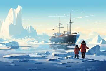 children in an ice landscape see a big ship illustration - obrazy, fototapety, plakaty
