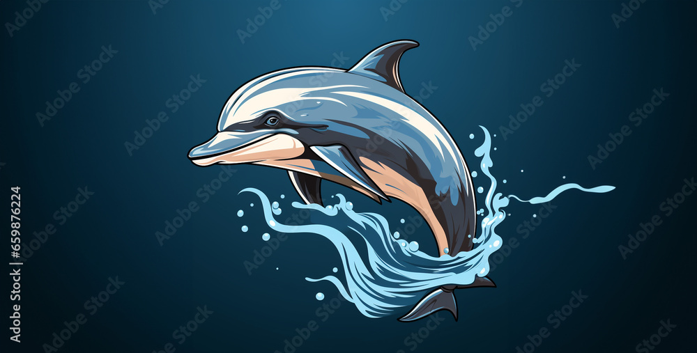 Poster a continuous line drawing of a dolphin., shark in the sea. generative ai content