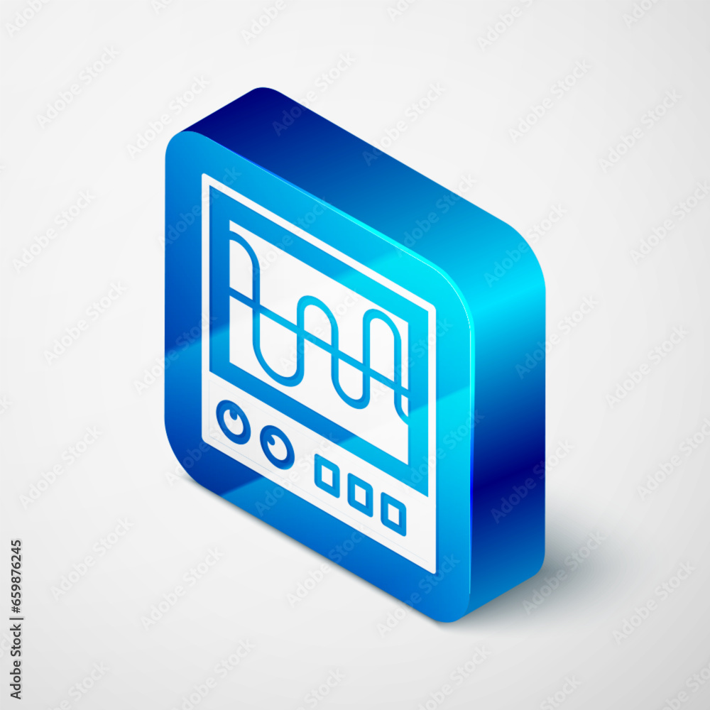 Poster isometric oscilloscope measurement signal wave icon isolated on grey background. blue square button.