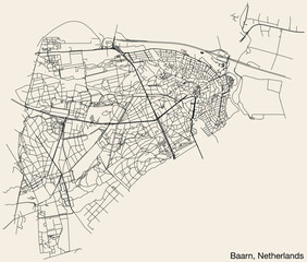 Detailed hand-drawn navigational urban street roads map of the Dutch city of BAARN, NETHERLANDS with solid road lines and name tag on vintage background