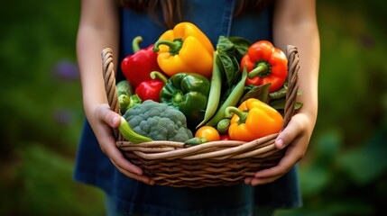 Hands holding a basket brimming with freshly harvested vegetables.