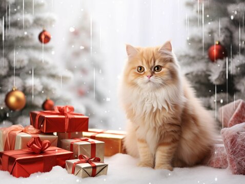 A rusty cat with Christmas presents sits by a Christmas tree in a snowy landscape. Christmas Card. generative Ai