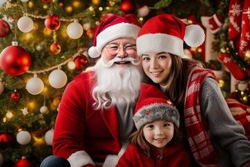 Fototapeta na wymiar Portrait Of Santa Claus With A Woman And A Girl Christmas Family Holiday