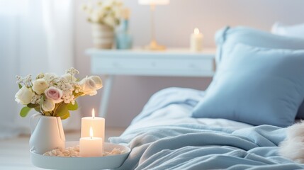 Fototapeta na wymiar A comfortable light blue bedroom adorned with flowers and candles.
