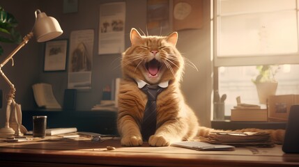 Office with laughing cat dressed in a corporate clothing and tie. Home pet in professional workplace environment with traditional corporate style. Kitty as company boss and leader. Humor and fun. - obrazy, fototapety, plakaty