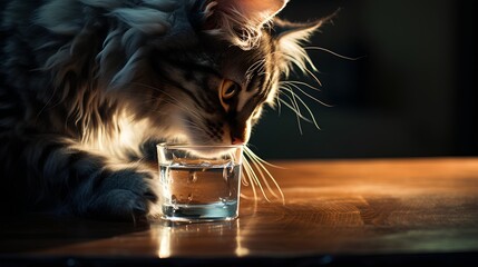 Thirsty cat drinking water and sufficient fluid intake for maintaining a healthy lifestyle in pets. Focus to cat hydration and drink to avoid thirst. - obrazy, fototapety, plakaty
