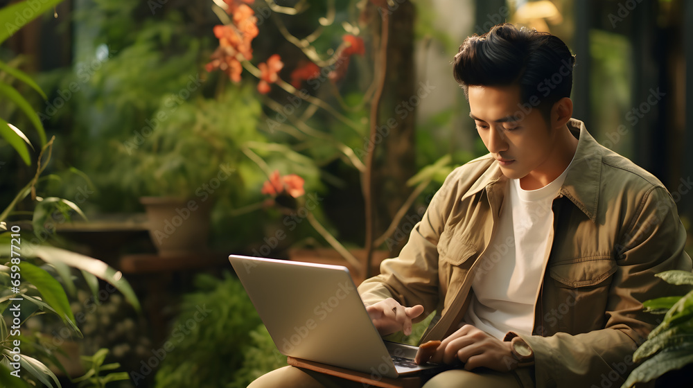 Poster asian young man is using a notebook computer in the garden. while sitting and working on a laptop.