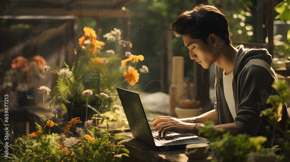 Poster asian young man is using a notebook computer in the garden. while sitting and working on a laptop.