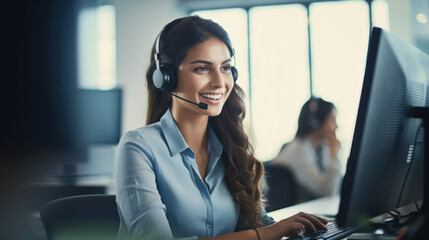 Friendly call center agent answering incoming calls with a headset, providing customer service remotely. - obrazy, fototapety, plakaty