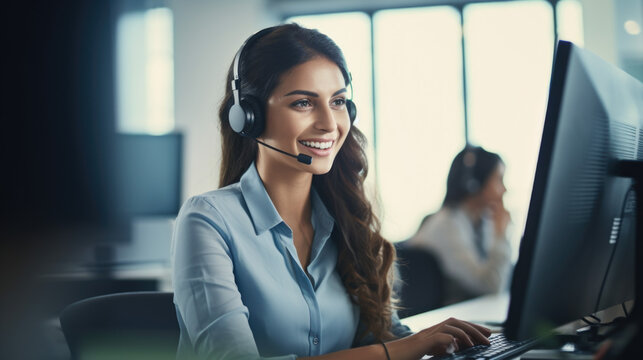 Friendly call center agent answering incoming calls with a headset, providing customer service remotely.
