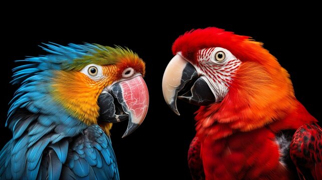 Parrot two some cute animal pet beautiful colorful portrait and couple in tree , isolated black on background