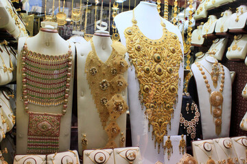 Elaborate gold necklaces, Gold Souk, Dubai, UAE