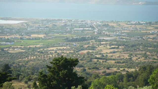 Greek Orthodox church and Kos Island from Zia village, Kos, Dodecanese, Greek Islands