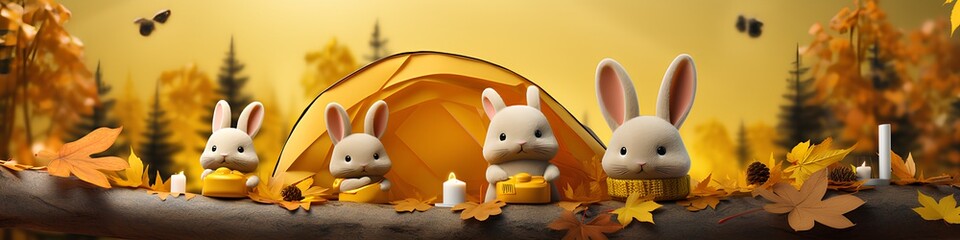 可愛いウサギのキャンプ（3D）横長　秋

