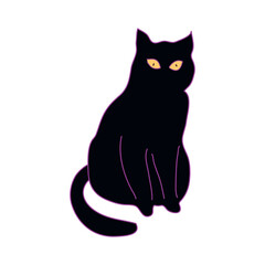 Black cat with glowing yellow eyes. Design element for cards, banners, stickers for Halloween