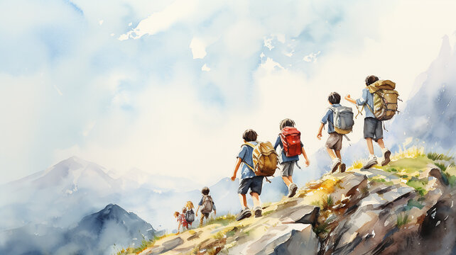 a row of children with backpacks view from the back against a white sky banner poster watercolor painting design back to school camp