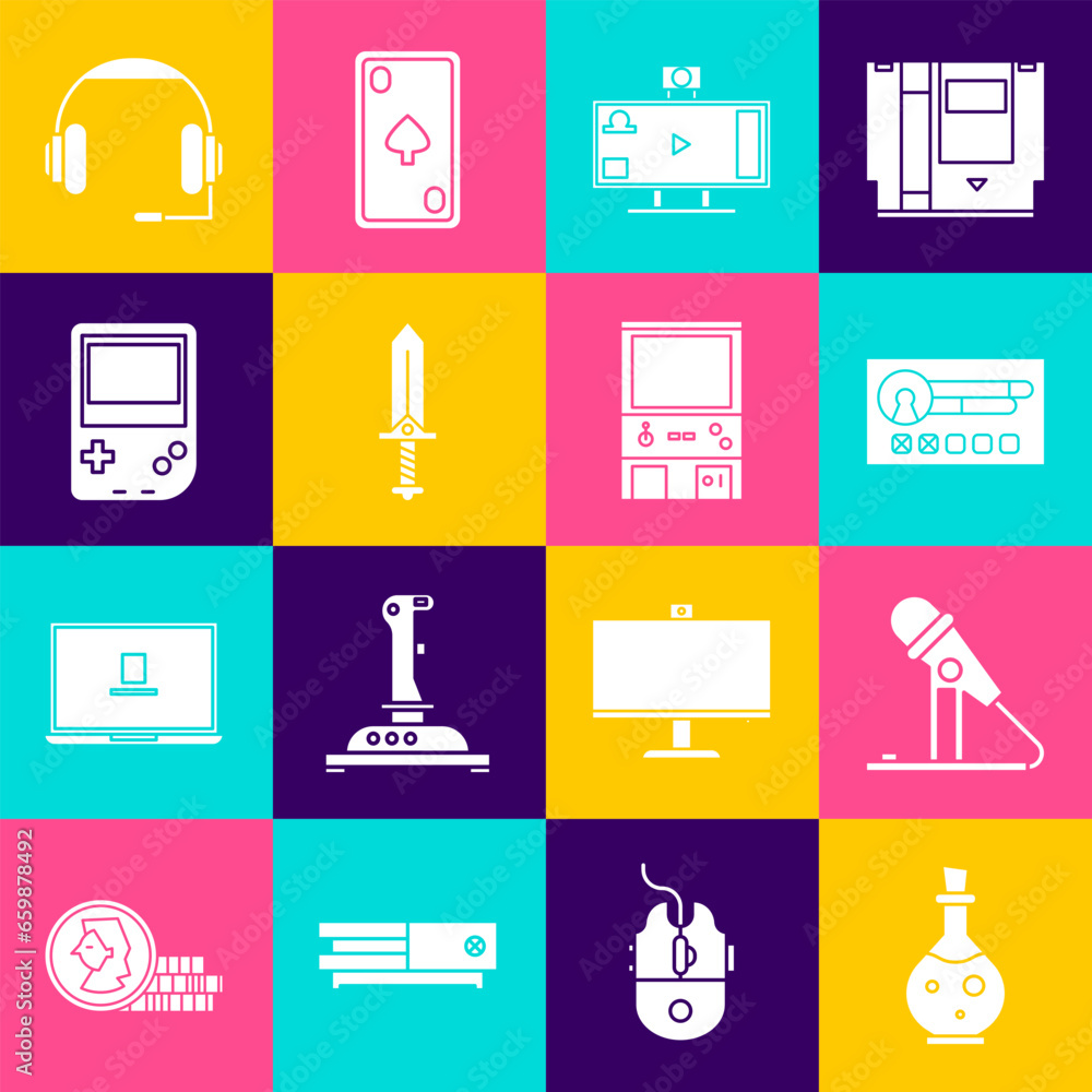 Poster Set Bottle with magic elixir, Microphone, Create account screen, Live streaming online, Sword for game, Portable video console, Headphones and Retro arcade machine icon. Vector