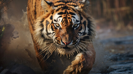 Fototapeta premium Amur tiger walking in the water. Dangerous animal, taiga, Russia. Animal in green forest stream.