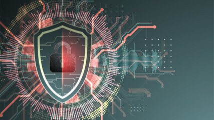 Technological abstract background on the topic of information protection and computer security. .Shield with the image of a padlock in the middle.