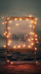 vertical narrow frame of glowing lamps outside in the atmosphere of autumn mood and Halloween, greeting form