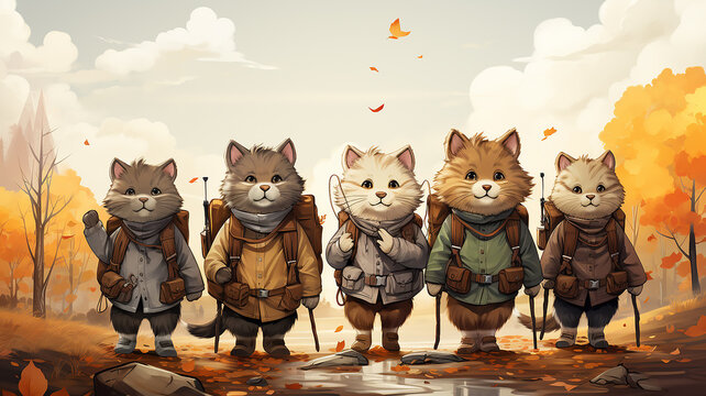 a row of cats in clothes and with backpacks on a white background back to school cartoon drawing picture