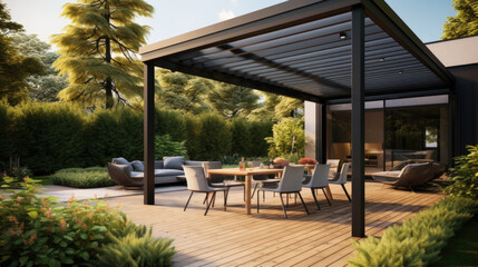 Trendy outdoor patio pergola shade structure, awning and patio roof - obrazy, fototapety, plakaty