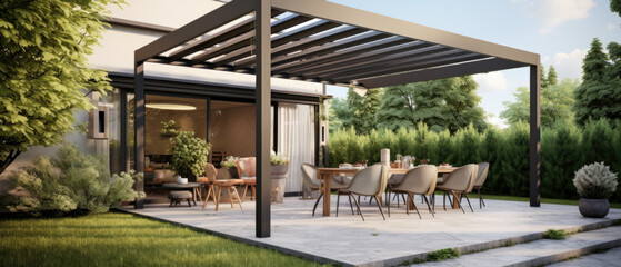 Trendy outdoor patio pergola shade structure, awning and patio roof