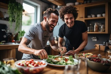 Two males of different ethnicities having fun while making salad together in the kitchen. AI generative