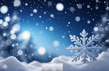 Fototapeta na wymiar Bokeh with white snow and snowflakes on a blue background