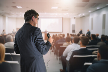 a businessman man talks to the audience into a microphone at a business seminar