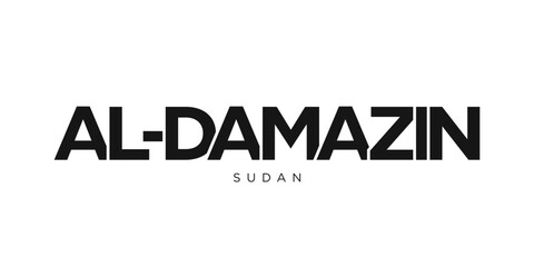 Al Damazin in the Sudan emblem. The design features a geometric style, vector illustration with bold typography in a modern font. The graphic slogan lettering.