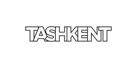 Tashkent in the Uzbekistan emblem. The design features a geometric style, vector illustration with bold typography in a modern font. The graphic slogan lettering.