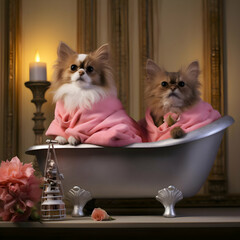 Charming pampered pets play side by side sitting in a bathtub. High-resolution